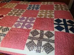 Antique Hand Stitched Quilt Deep Red w Multi Colors Squares w Crosses 60 x 72