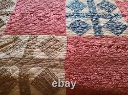 Antique Hand Stitched Quilt Deep Red w Multi Colors Squares w Crosses 60 x 72