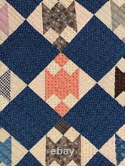 Antique Hand Stitched Quilt Indigo Blue, White, Pink 66x76