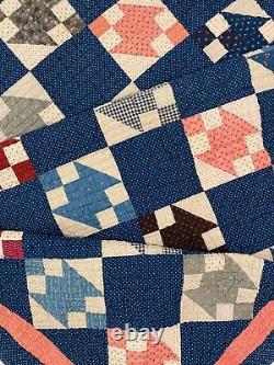 Antique Hand Stitched Quilt Indigo Blue, White, Pink 66x76