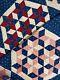 Antique Hand Stitched Quilt Seven Sisters Indigo Blue, Pink, Red 64x76