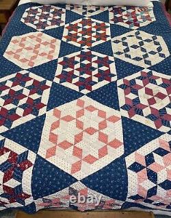 Antique Hand Stitched Quilt Seven Sisters Indigo Blue, Pink, Red 64x76