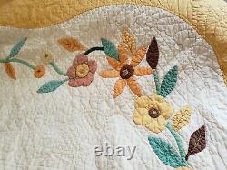 Antique Handmade Cotton Quilt Yellow, Orange, Green Appliques Full Size