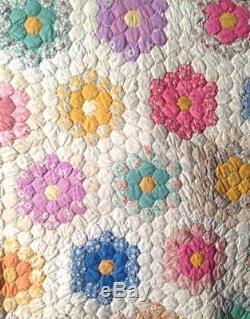 Antique Handmade Grandmas Flower Garden Quilt Stitched Vintage Hexagon Patch