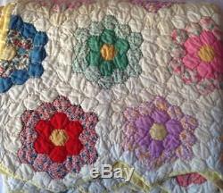 Antique Handmade Grandmas Flower Garden Quilt Stitched Vintage Hexagon Patch