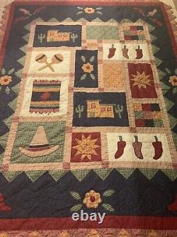 Antique Handmade Hand Quilted Appliqué Mexican Village Quilt 84 X 66