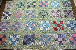 Antique Handmade Hand Quilted Colorful Nine Patch Quilt 84 x 61