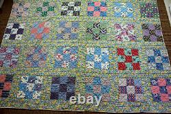 Antique Handmade Hand Quilted Colorful Nine Patch Quilt 84 x 61