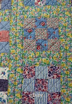 Antique Handmade Hand Quilted Colorful Nine Patch Quilt 84 x 61