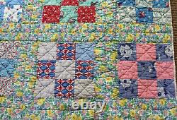 Antique Handmade Hand Quilted Colorful Nine Patch Quilt 84 x 61