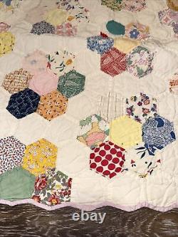 Antique Handmade Hand Quilted Feed Sack Grandmothers Flower Garden Quilt