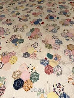 Antique Handmade Hand Quilted Feed Sack Grandmothers Flower Garden Quilt