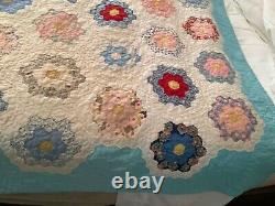 Antique Handmade Hand Sewn Feed Sack Grandmother Flower Garden Quilt 78x94