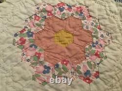 Antique Handmade Hand Sewn Feed Sack Grandmother Flower Garden Quilt 78x94