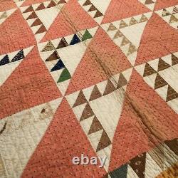 Antique Handmade Late 1800's Sawtooth Hand Quilted 78x77 Pinks Browns Cheddar