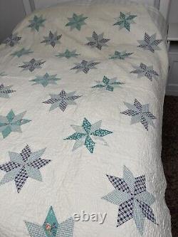 Antique Handmade Quilt 8 Pt Star Patchwork Applique Feed Sack Material 72x80