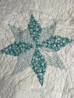 Antique Handmade Quilt 8 Pt Star Patchwork Applique Feed Sack Material 72x80
