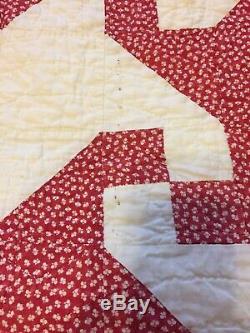 Antique Handmade Red & White Pinwheel Quilt, Vintage Cotton Hand Quilted