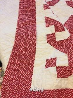 Antique Handmade Red & White Pinwheel Quilt, Vintage Cotton Hand Quilted
