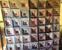 Antique Log Cabin QUILT TOP Americana, red, pink, brown, blue shirtings c1884+ vtg