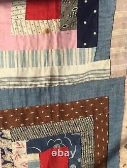 Antique Log Cabin QUILT TOP Americana, red, pink, brown, blue shirtings c1884+ vtg