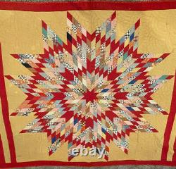 Antique Lone Star Quilt, Cheddar/Red, 70 x 83, Handmade