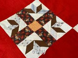 Antique PA c 1870-80s Hands Around QUILT Top Cheddar Brown Red Dogtooth Border