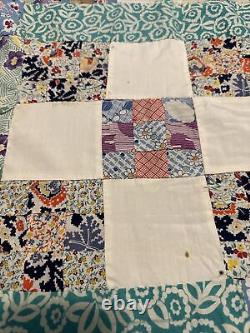 Antique Patchwork Nine Patch Early Calicos Early 1900s Quilt Top 64x82