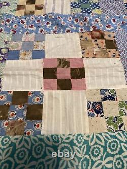 Antique Patchwork Nine Patch Early Calicos Early 1900s Quilt Top 64x82