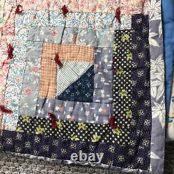 Antique Patchwork Quilt Handsewn Early 1900s Fabric Hand Stitched Calico Indigo