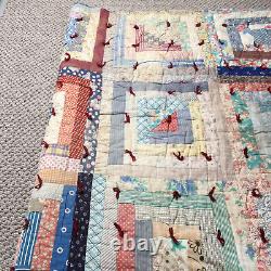 Antique Patchwork Quilt Handsewn Early 1900s Fabric Hand Stitched Calico Indigo