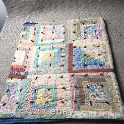 Antique Patchwork Quilt Handsewn Early 1900s Fabric Hand Stitched Calico Indigo