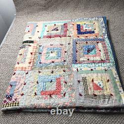 Antique Patchwork Quilt Handsewn Early 1900s Fabric Hand Stitched Calico Indigo