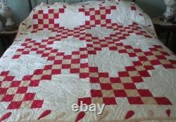 Antique QUILT, APPLIQUE LEAFY VINE & PATCHWORK, Red, Brown, White, Hand-Quilted