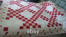 Antique QUILT, APPLIQUE LEAFY VINE & PATCHWORK, Red, Brown, White, Hand-Quilted