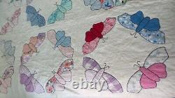 Antique Quilt BUTTERFLY Applique, Multi-Color, Cream Background, 92x64, #1
