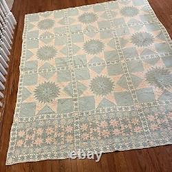 Antique Quilt Blue Hand Stitched 9 Stars Intricate Design 1800s 101 By 85