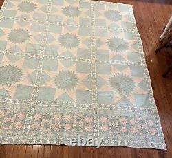 Antique Quilt Blue Hand Stitched 9 Stars Intricate Design 1800s 101 By 85