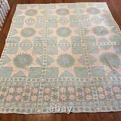 Antique Quilt Blue Hand Stitched 9 Stars Intricate Design 1800s 101 By 85