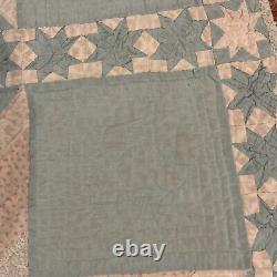 Antique Quilt Blue Hand Stitched 9 Stars Intricate Design 1800s 101 By 85