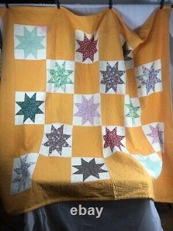 Antique Quilt Vintage Yellow Orange Eight Point Star Handmade 66X74