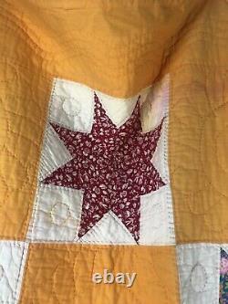 Antique Quilt Vintage Yellow Orange Eight Point Star Handmade 66X74