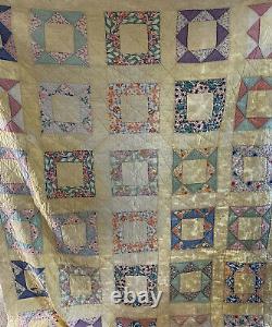 Antique Quilt Yellow Pastel Block Pattern hand pieced & quilted 72 x 87