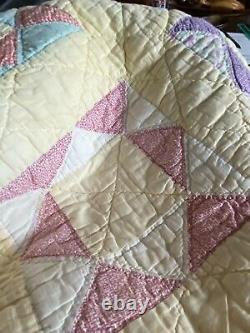 Antique Quilt Yellow Pastel Block Pattern hand pieced & quilted 72 x 87