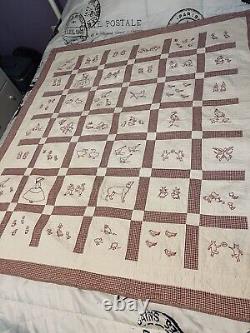 Antique Red Work Animals Baby Child Quilt Hand Embroidery Date 1928 48x54