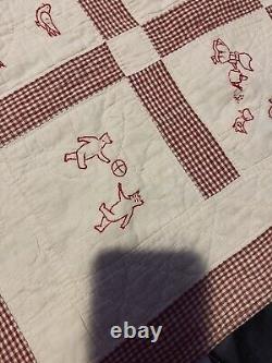 Antique Red Work Animals Baby Child Quilt Hand Embroidery Date 1928 48x54