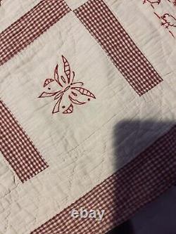 Antique Red Work Animals Baby Child Quilt Hand Embroidery Date 1928 48x54