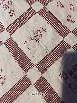 Antique Red Work Animals Baby Child Quilt Hand Embroidery Date 1928 48x54