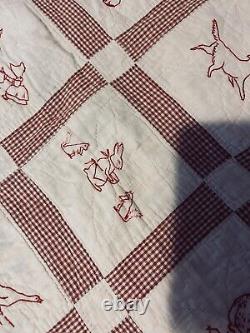 Antique Red Work Animals Baby Child Quilt Hand Embroidery Date 1928 48x54