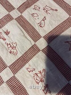 Antique Red Work Animals Baby Child Quilt Hand Embroidery Date 1928 48x54